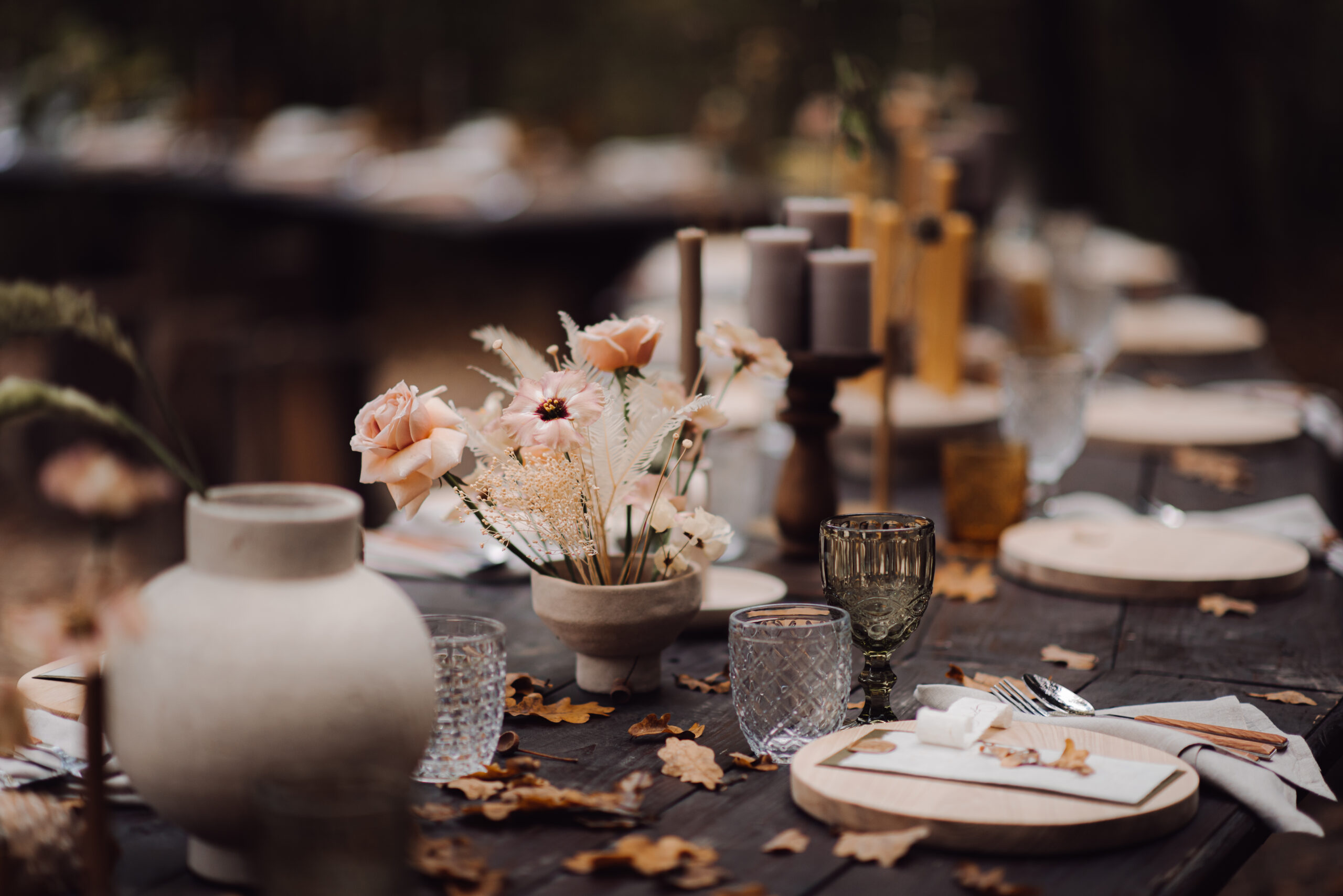 A beautifully designed wedding table in the forest